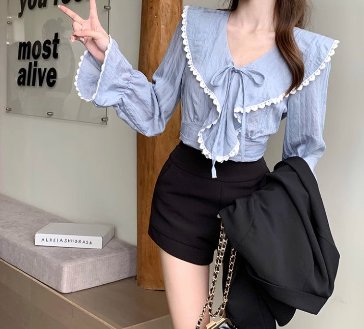 【tops】リボン秋長袖ブラウスG23586