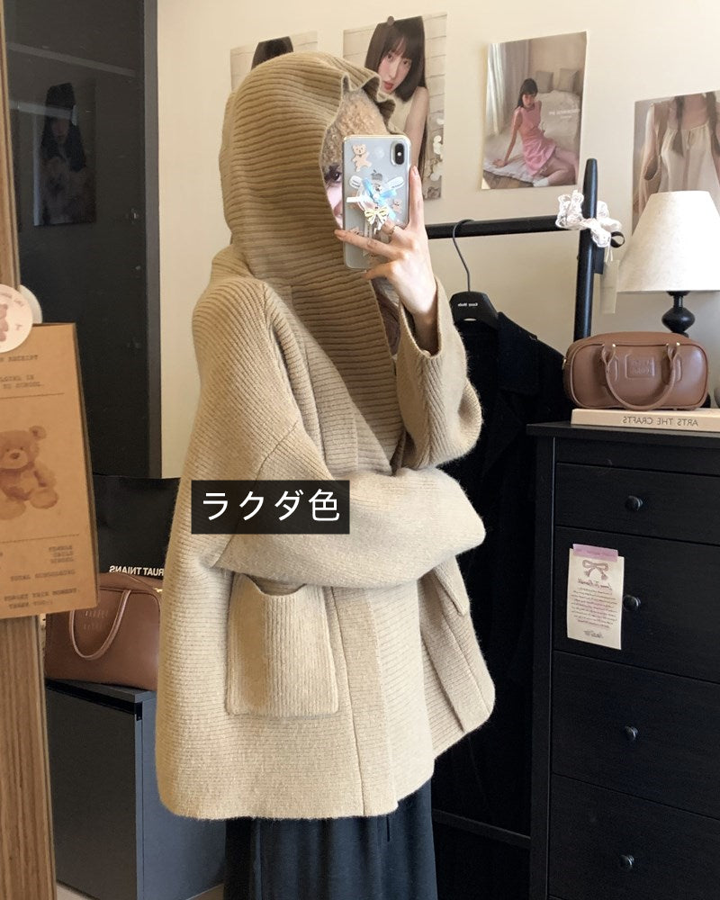 【outer】フード付きニットカーディガンG23598