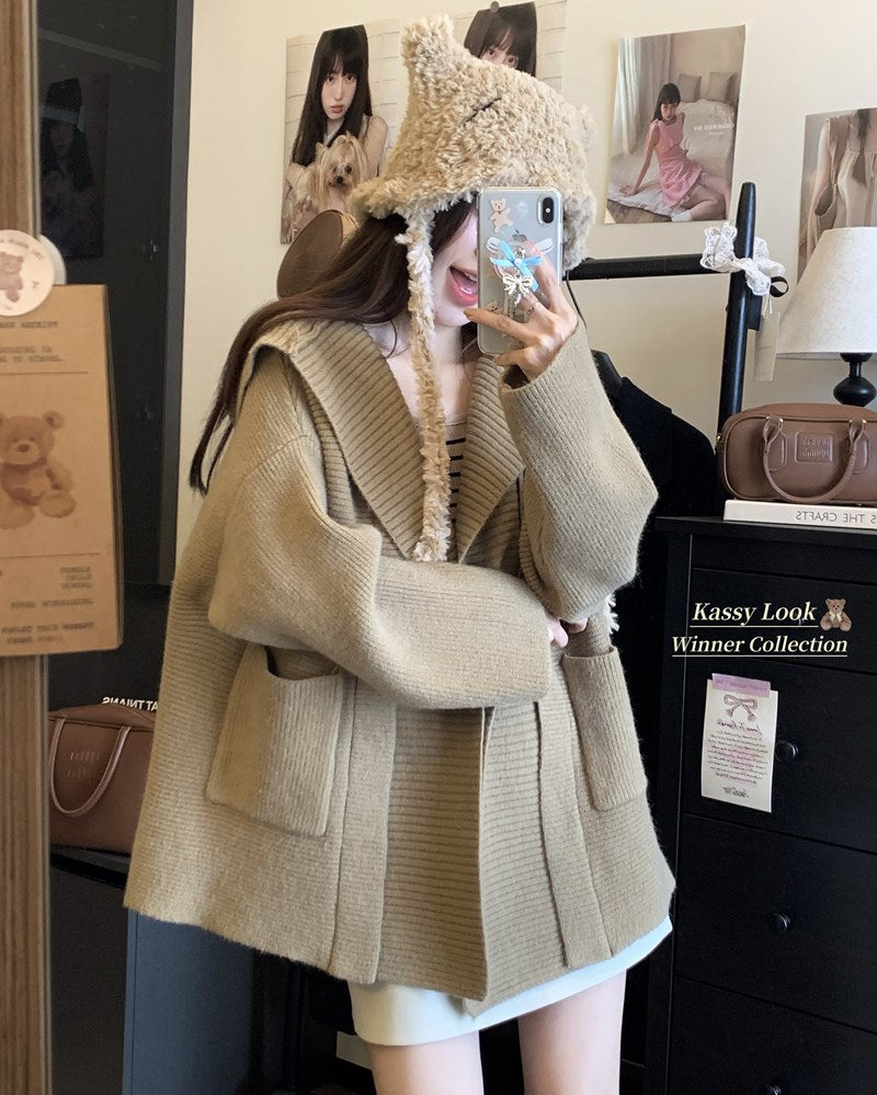 【outer】フード付きニットカーディガンG23598