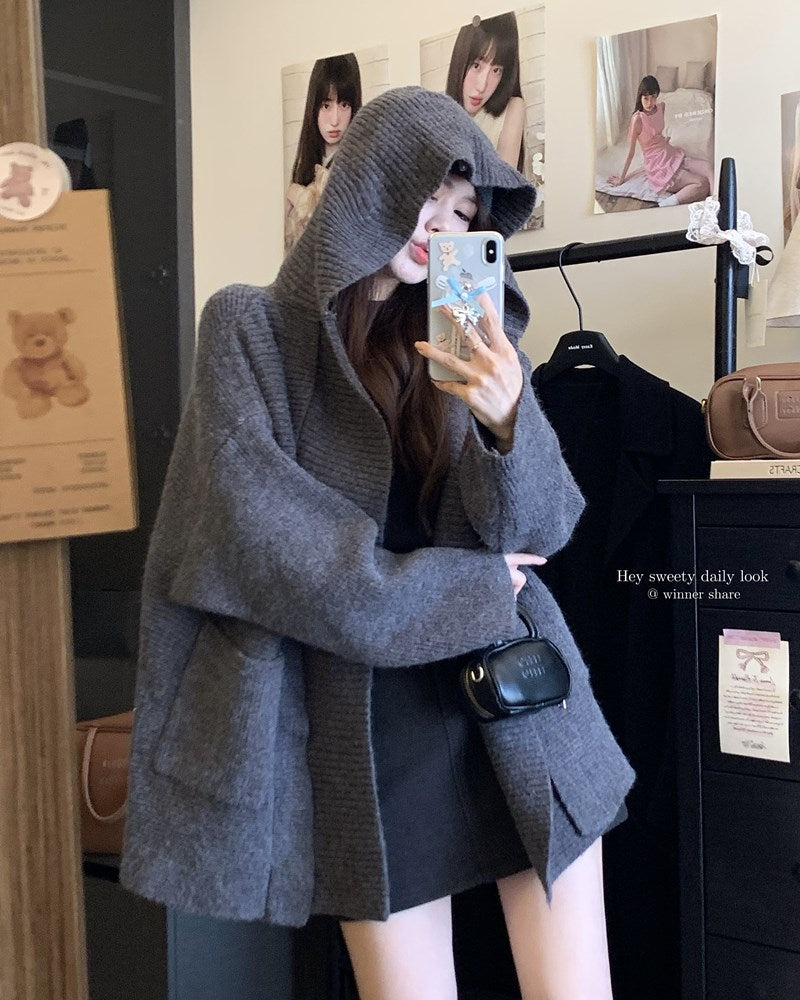 【outer】フード付きニットカーディガンG23598