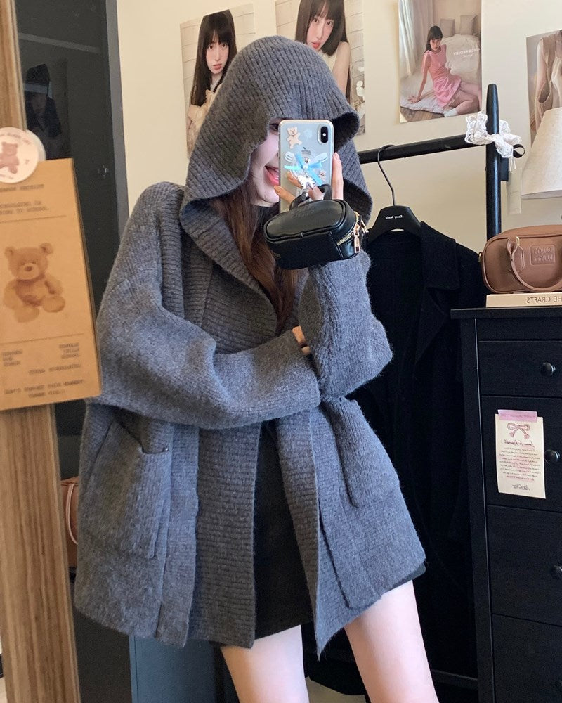 【outer】フード付きニットカーディガンG23598