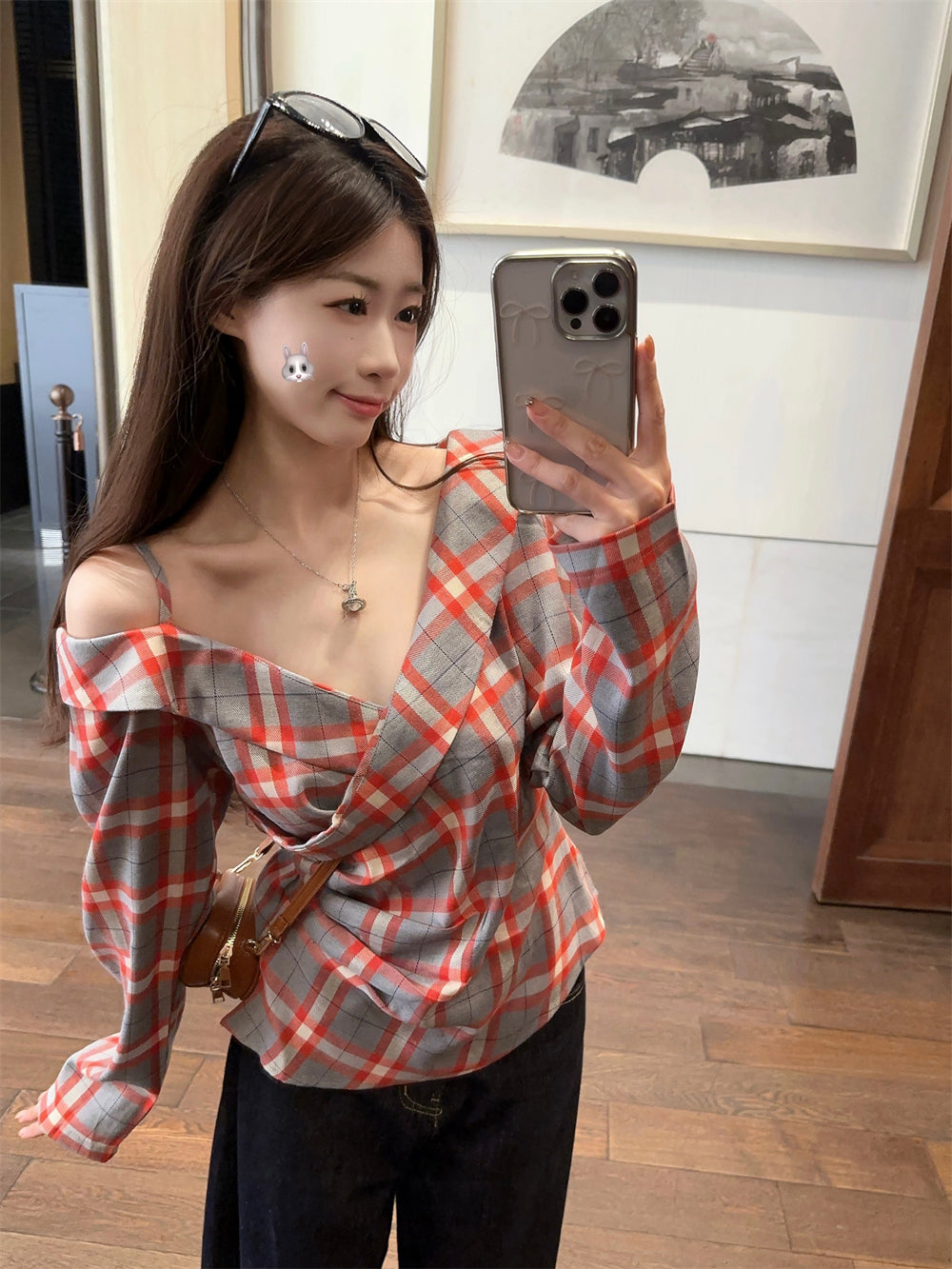 【tops】Vネックチェック柄ブラウスG23621