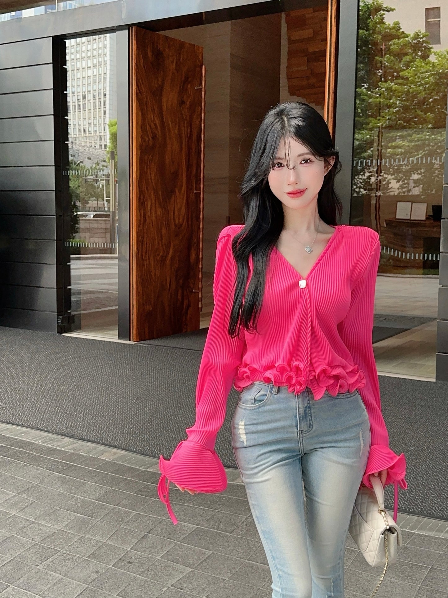 【tops】Vネック長袖ブラウスG23628