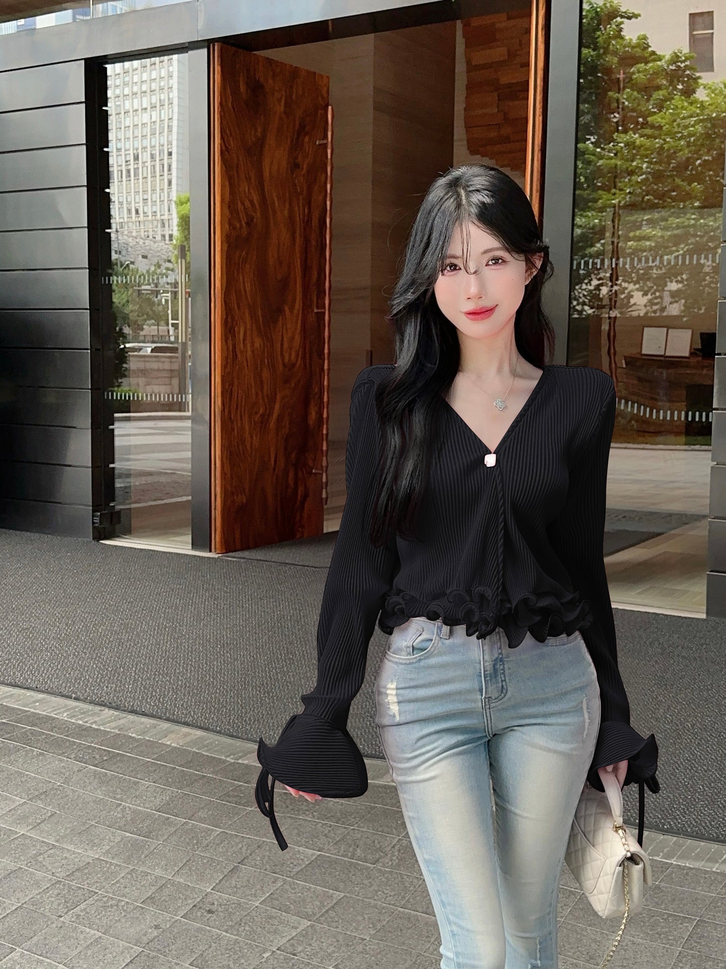 【tops】Vネック長袖ブラウスG23628