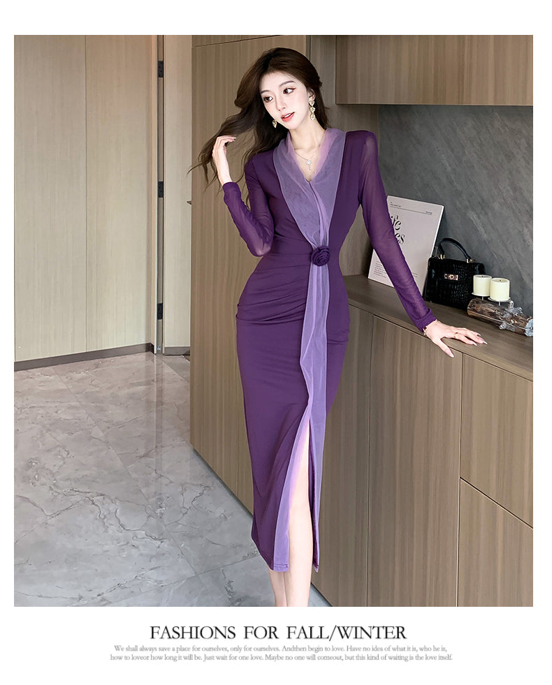 【dress】Vネック長袖デートワンピースG23632