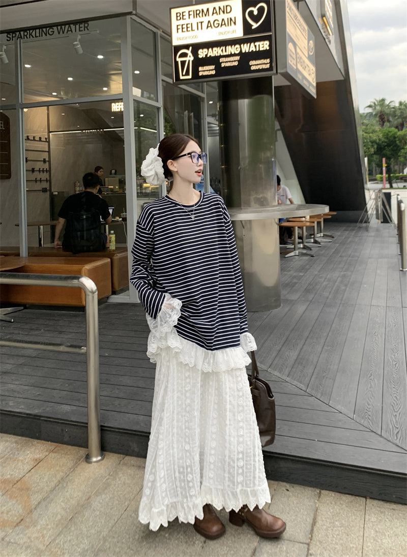 【tops】レース切り替えストライプ柄TシャツG23639