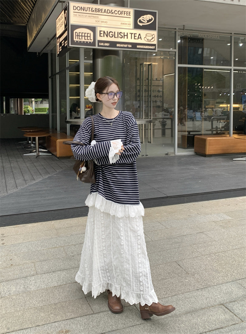 【tops】レース切り替えストライプ柄TシャツG23639