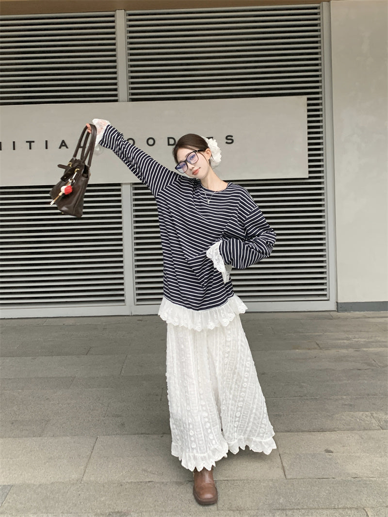 【tops】レース切り替えストライプ柄TシャツG23639