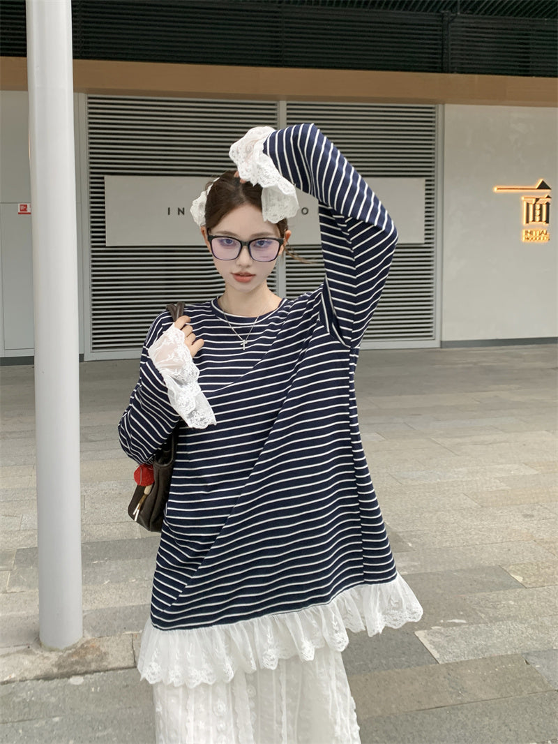 【tops】レース切り替えストライプ柄TシャツG23639