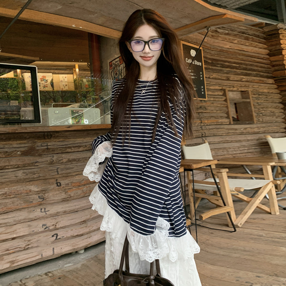【tops】レース切り替えストライプ柄TシャツG23639