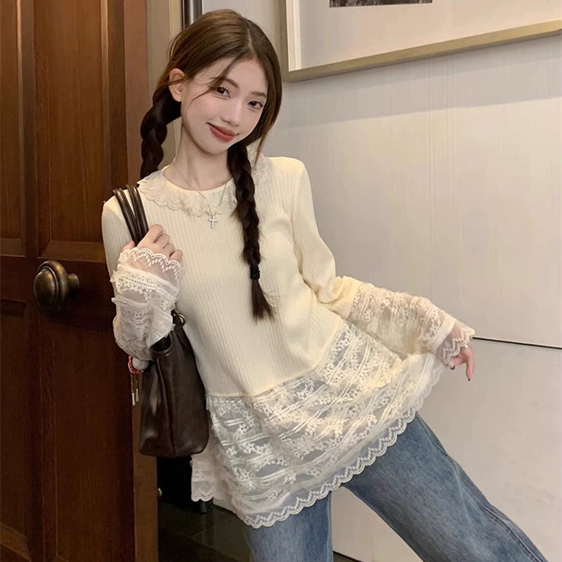 【tops】レース切り替え長袖TシャツG23673