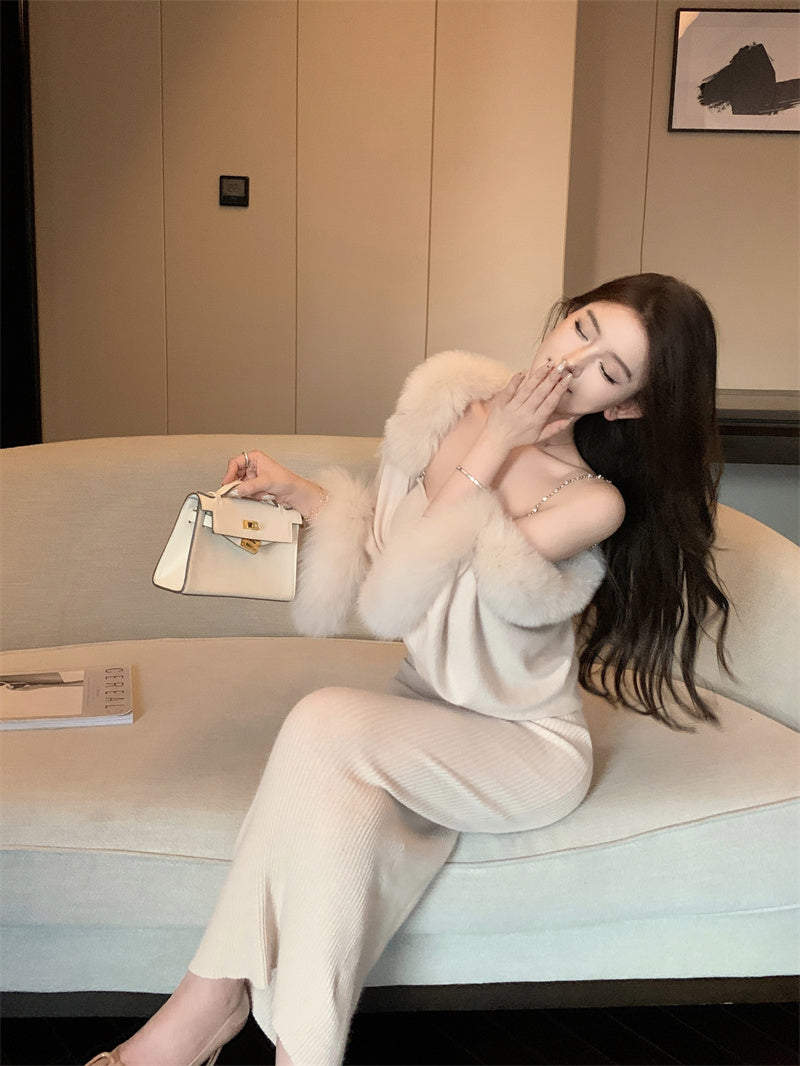 【outer】ファー切り替えニットカーディガンG23692