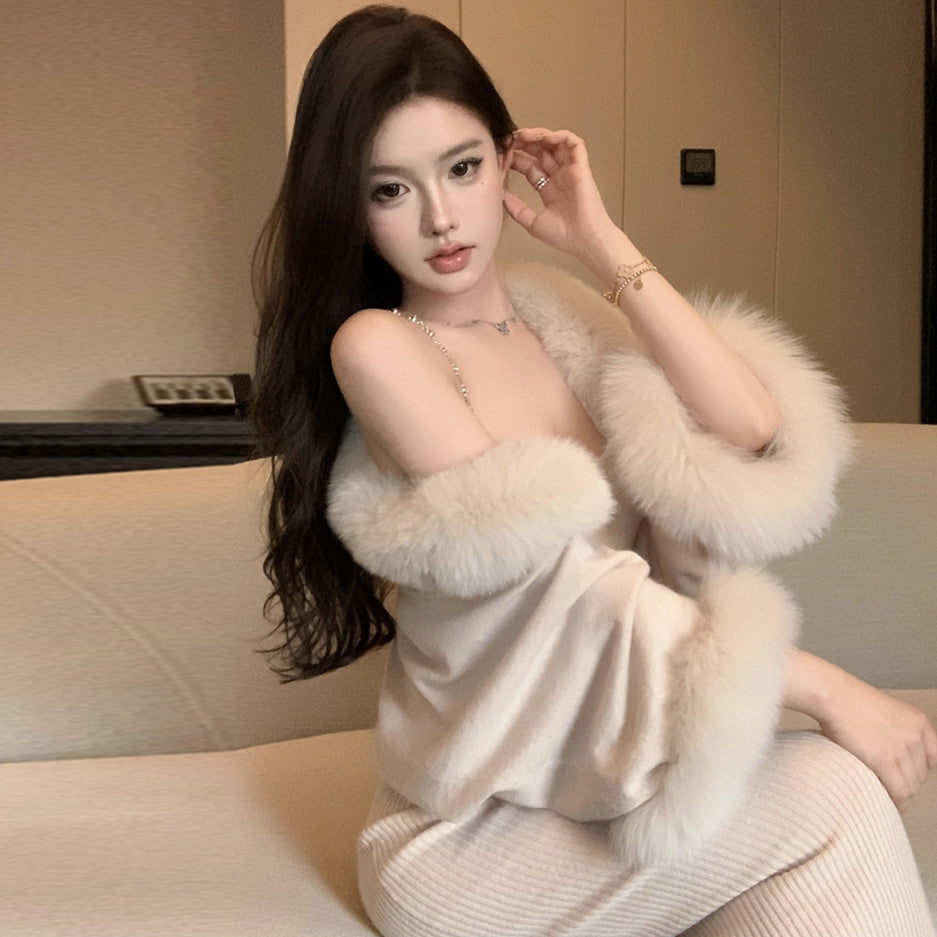 【outer】ファー切り替えニットカーディガンG23692