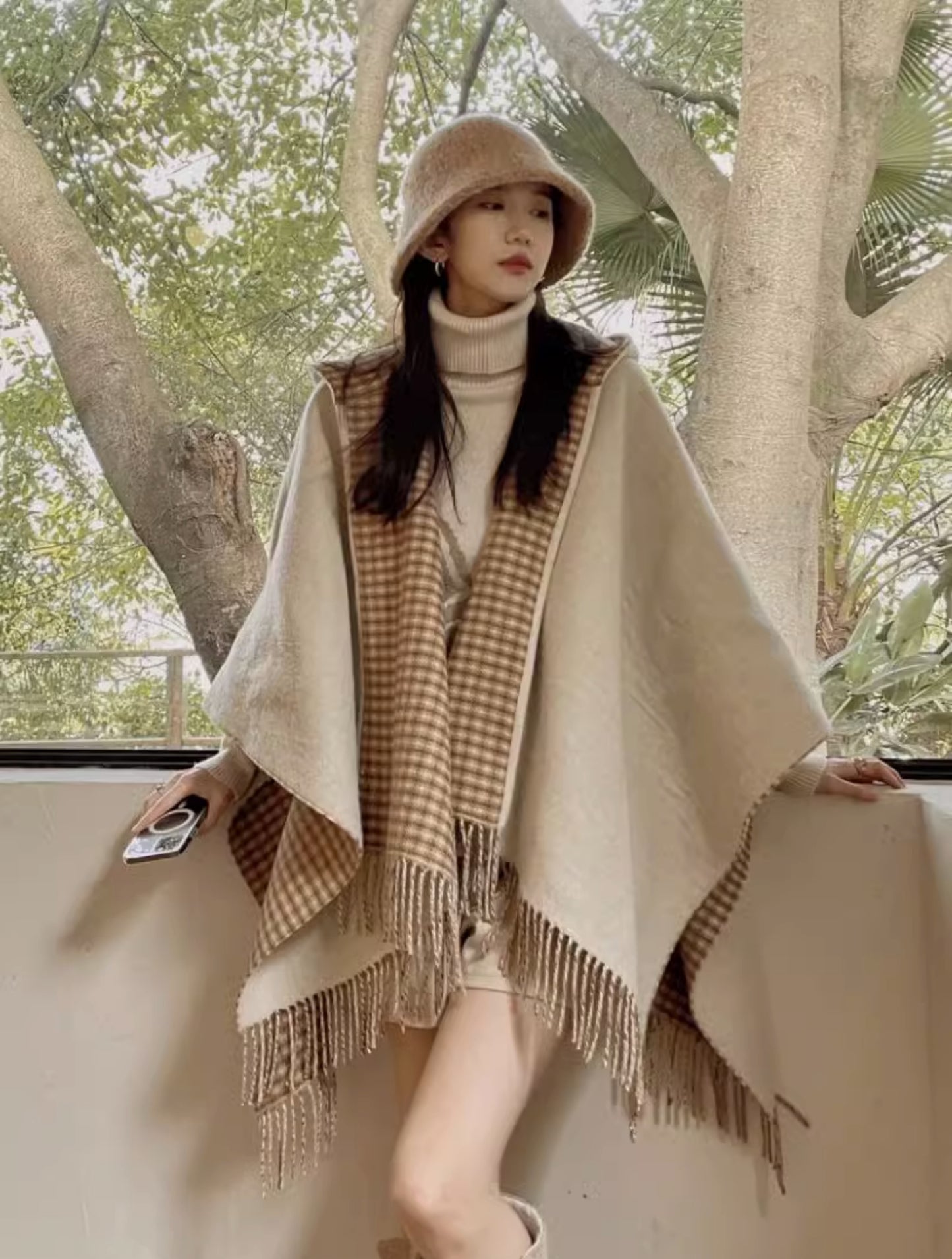 【outer】フード付きノースリーブニットケープアウターG23708