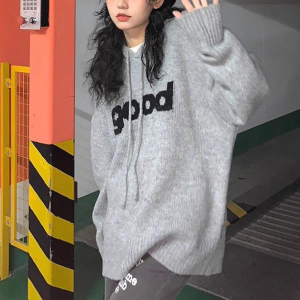 【tops】フード付き長袖ニットセーターF8216