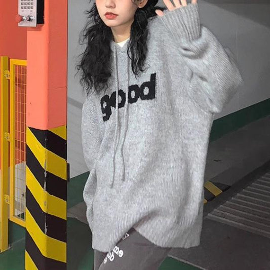 【tops】フード付き長袖ニットセーターF8216