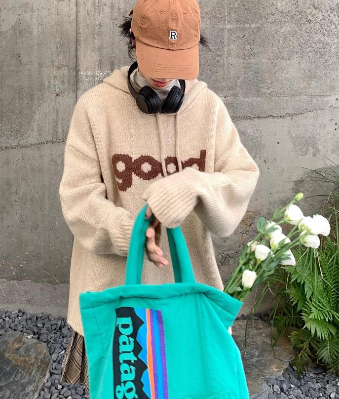 【tops】フード付き長袖ニットセーターF8216