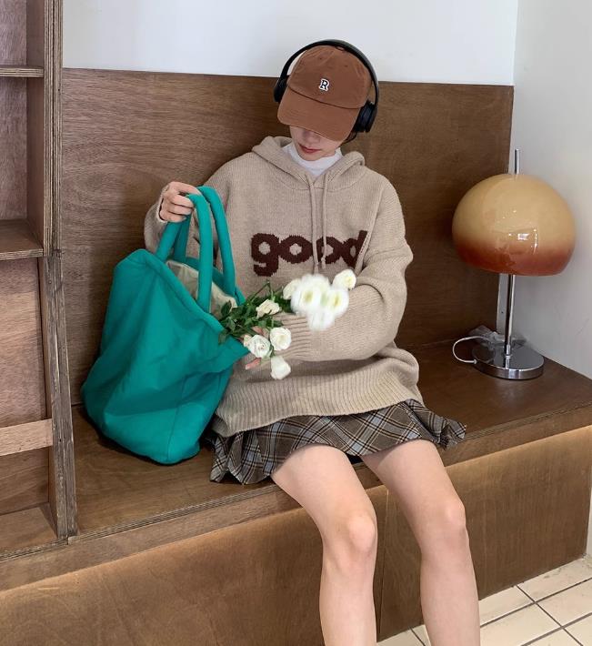 【tops】フード付き長袖ニットセーターF8216