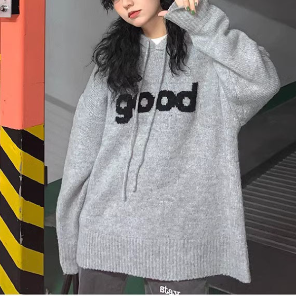 【tops】フード付き長袖ニットセーターF8216