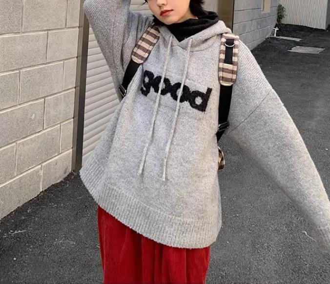 【tops】フード付き長袖ニットセーターF8216