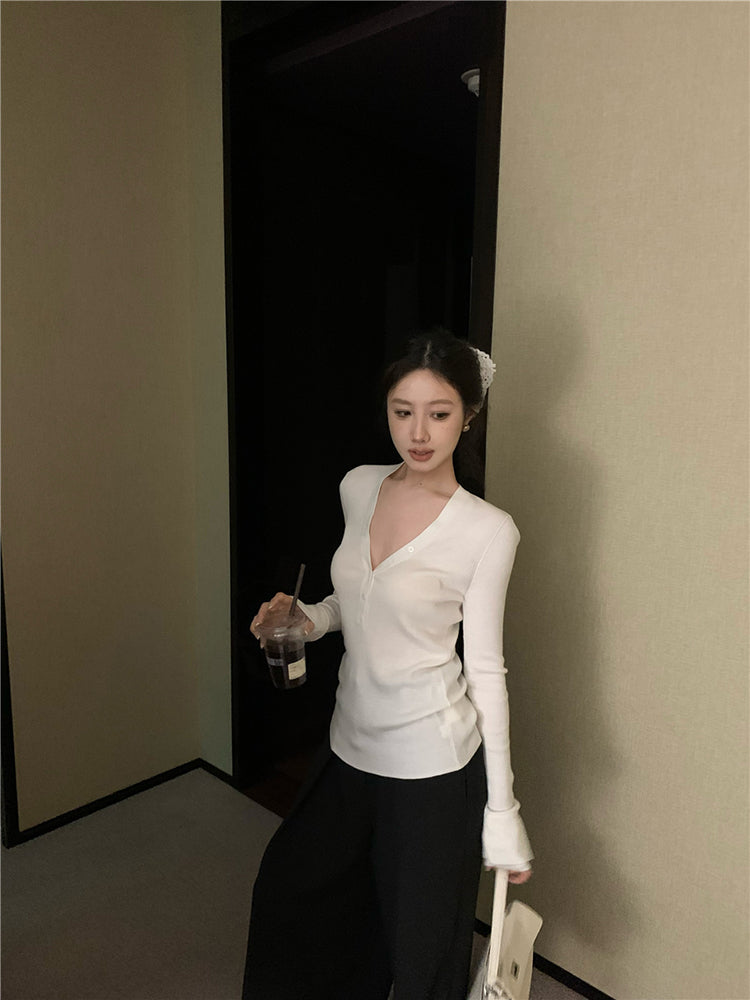 【tops】Vネック長袖ニットトップスG23802