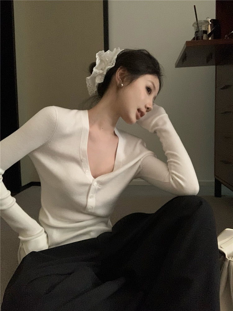 【tops】Vネック長袖ニットトップスG23802