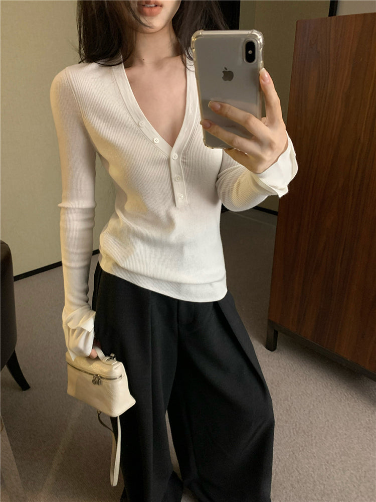 【tops】Vネック長袖ニットトップスG23802