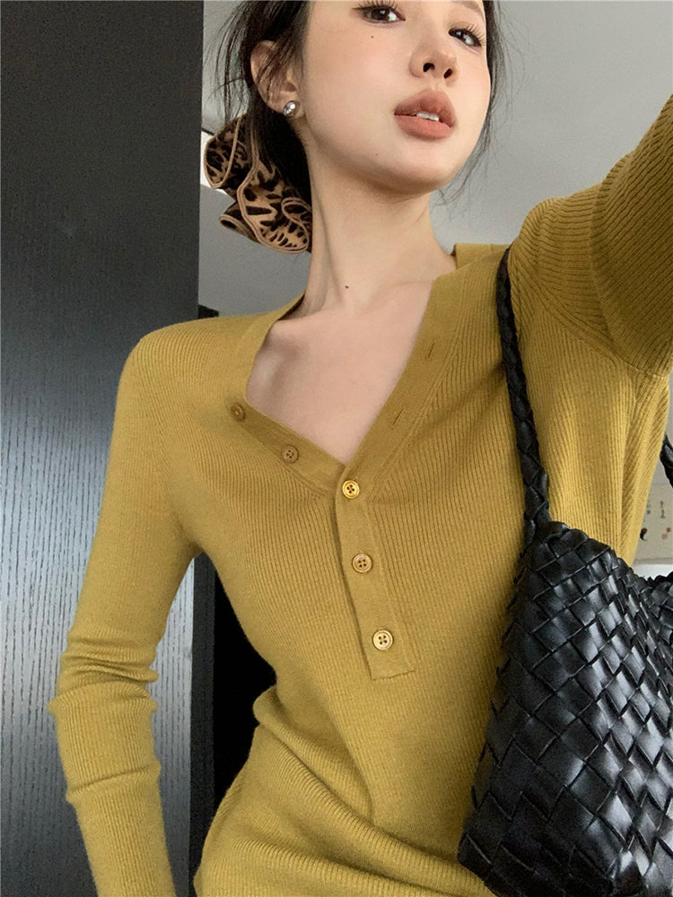 【tops】Vネック長袖ニットトップスG23802