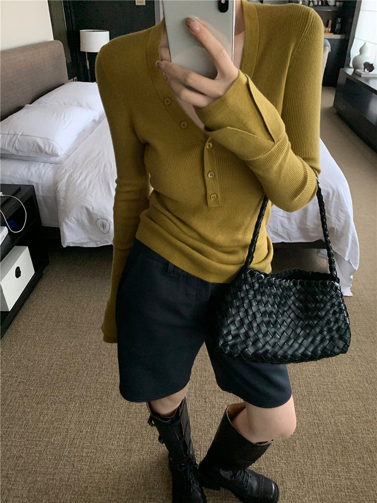 【tops】Vネック長袖ニットトップスG23802