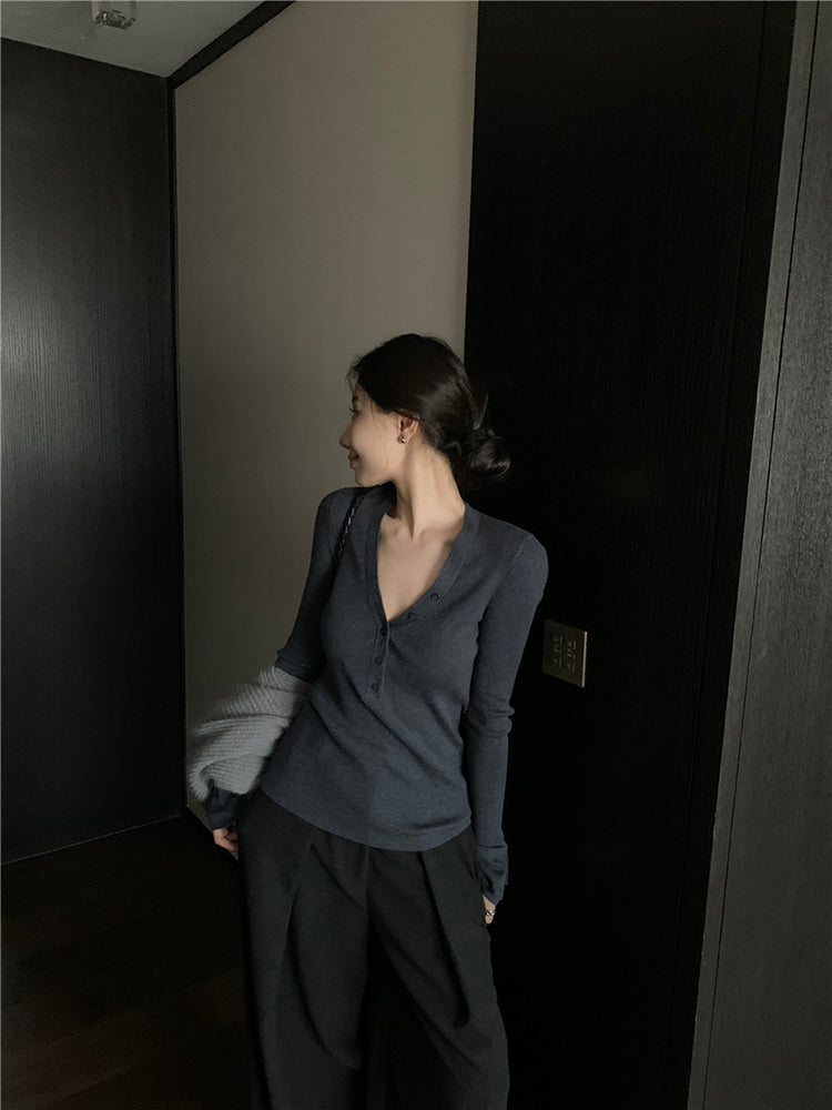 【tops】Vネック長袖ニットトップスG23802