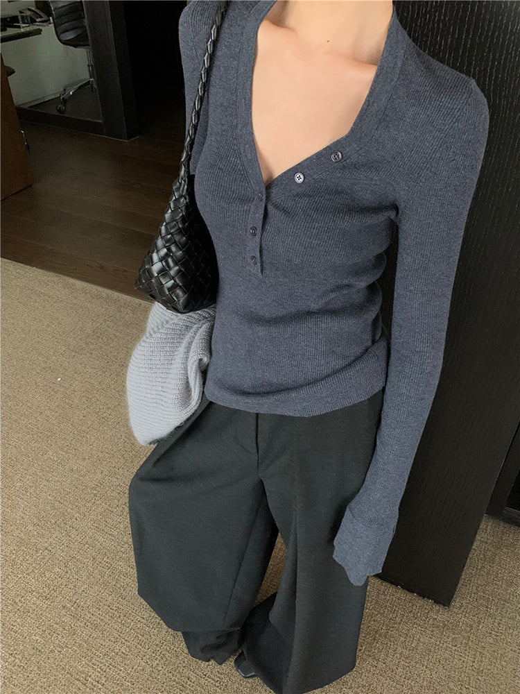 【tops】Vネック長袖ニットトップスG23802