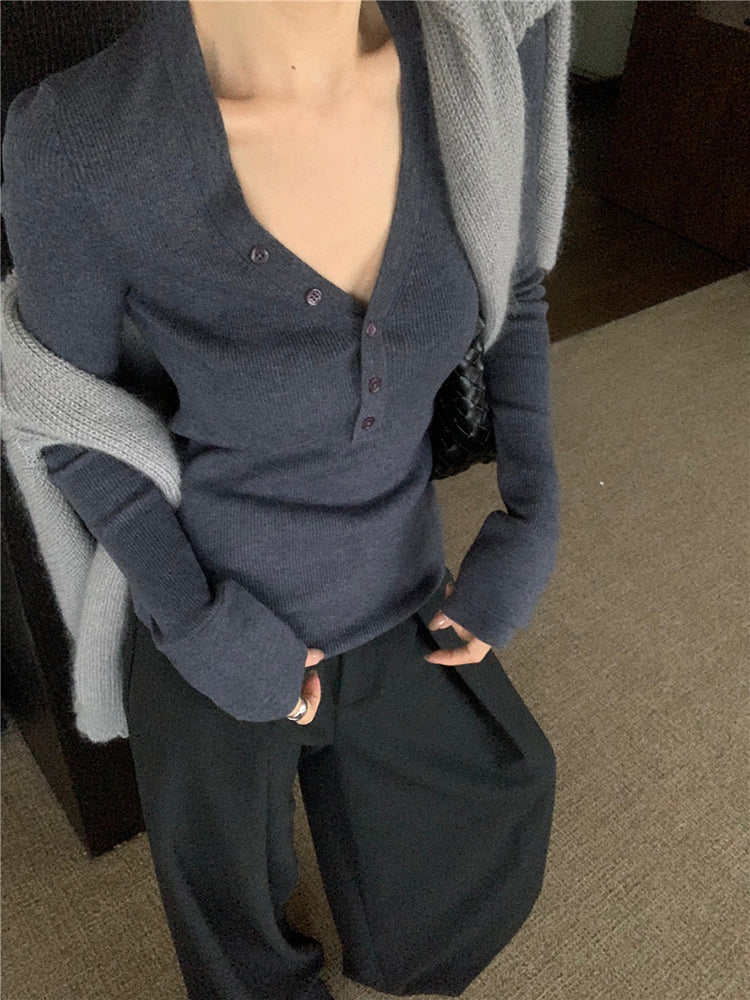 【tops】Vネック長袖ニットトップスG23802