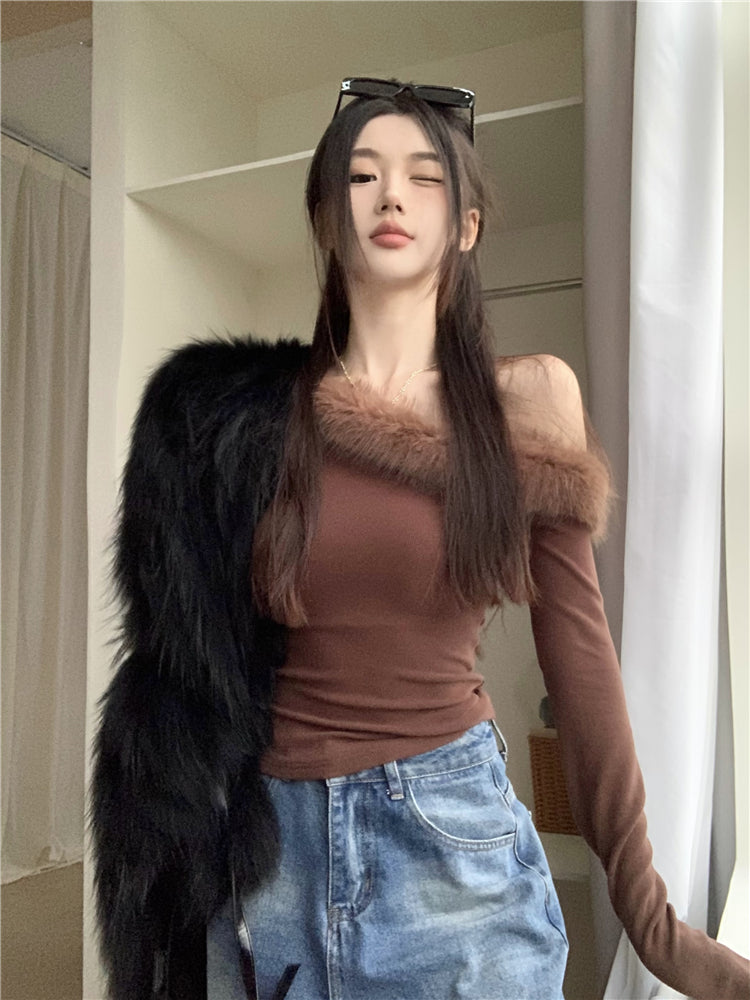 【tops】ファーボートネック長袖TシャツG23803