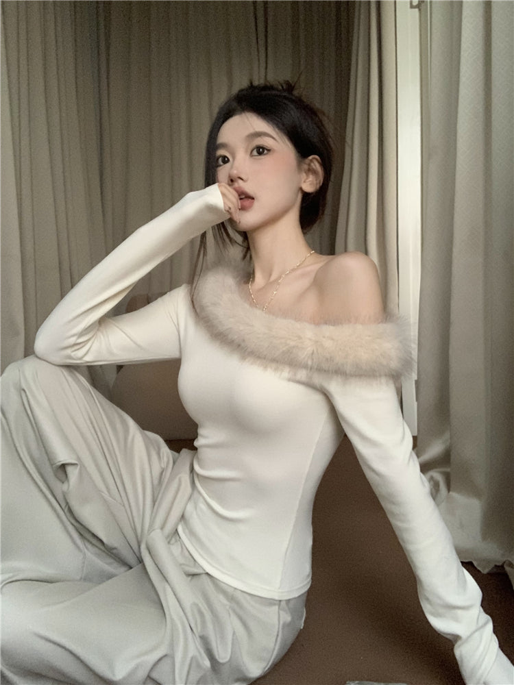 【tops】ファーボートネック長袖TシャツG23803