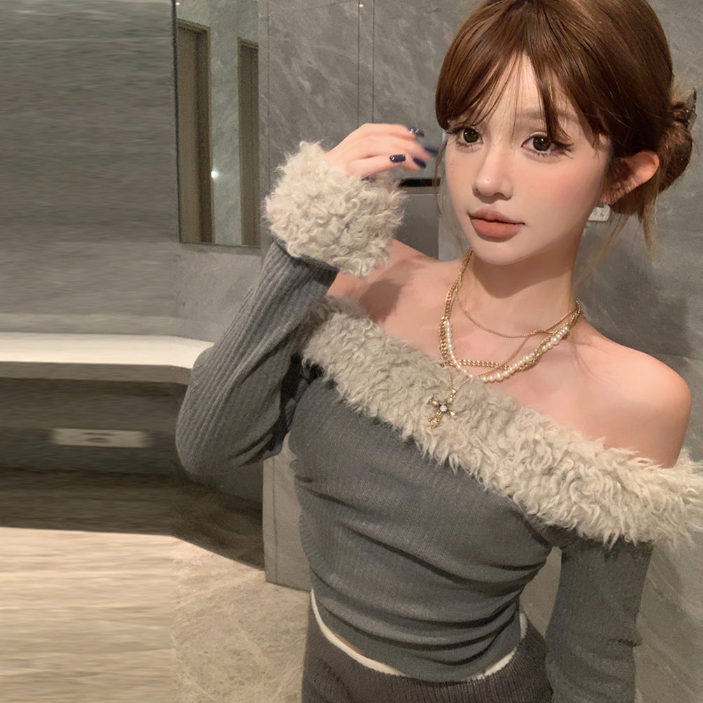 【tops】ファーボートネックTシャツG23804