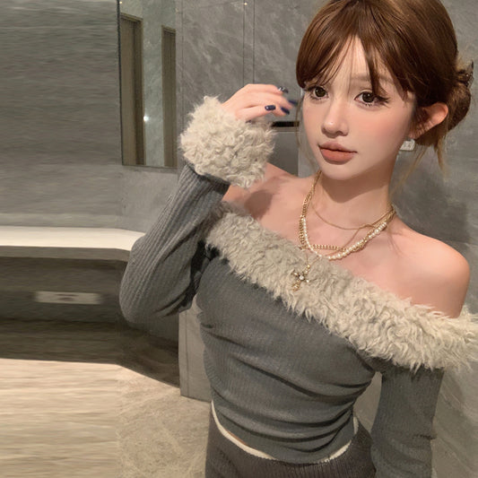 【tops】ファーボートネックTシャツG23804