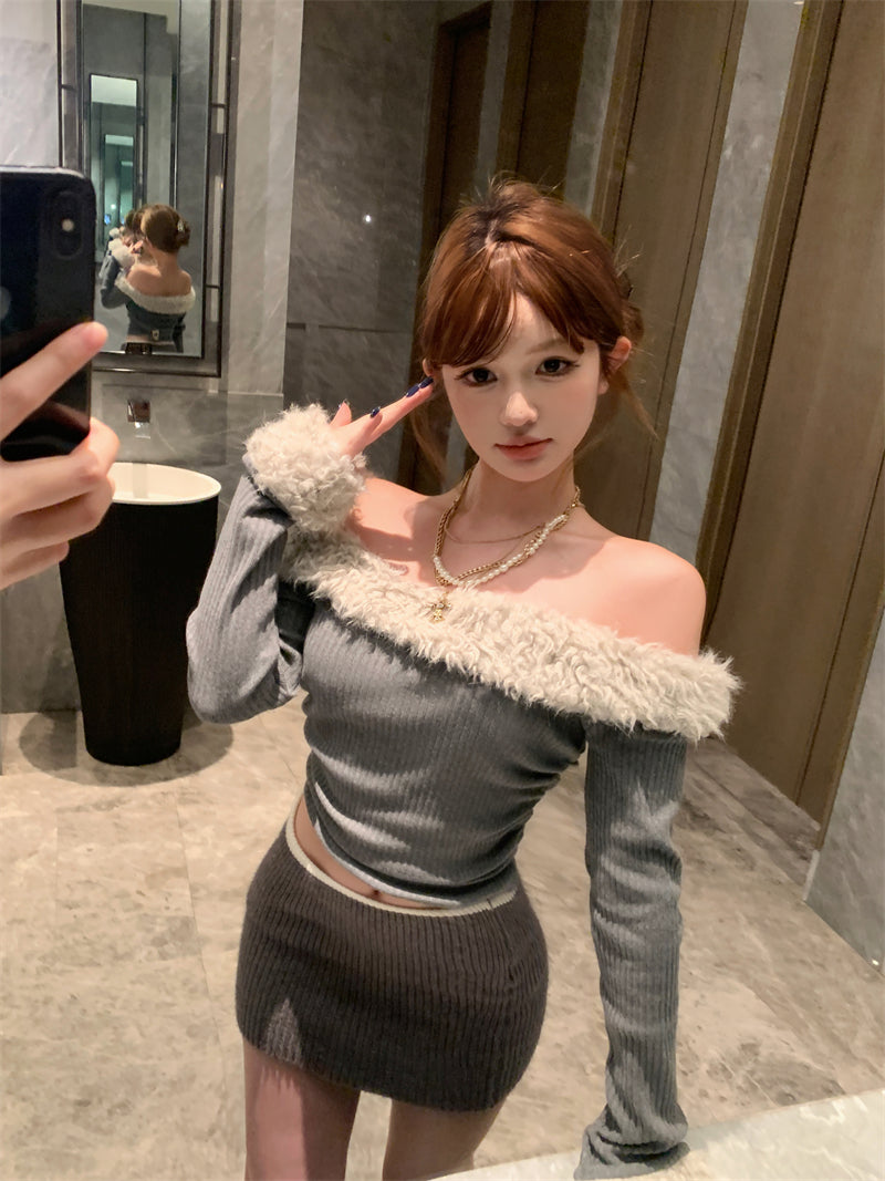 【tops】ファーボートネックTシャツG23804