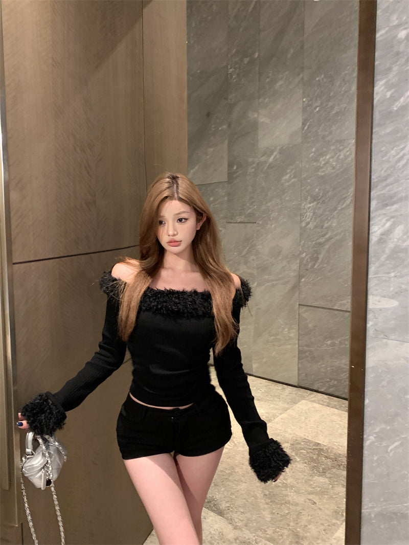 【tops】ファーボートネックTシャツG23804