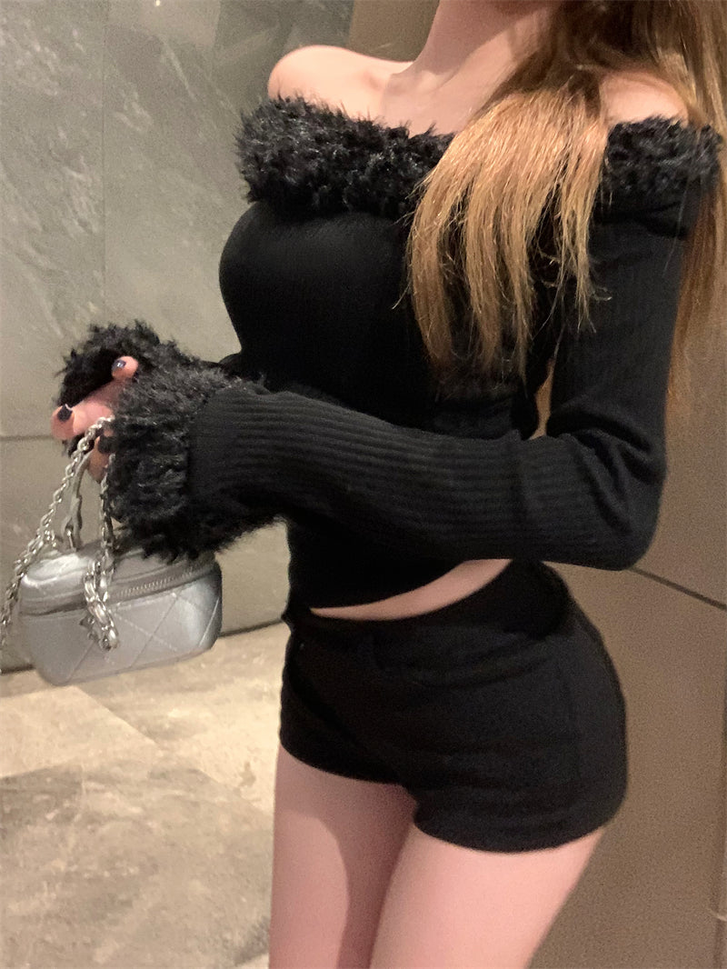 【tops】ファーボートネックTシャツG23804