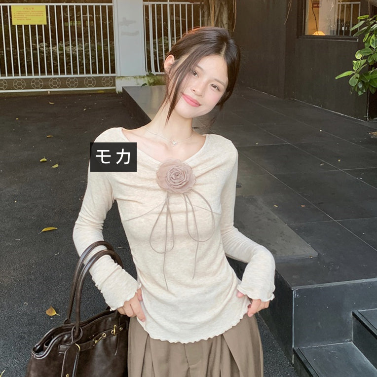 【tops】Vネック長袖ニットTシャツG23805