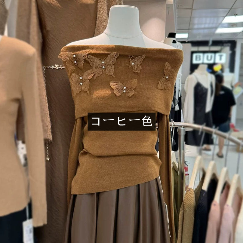 【tops】オフショルダーニットトップスG23807