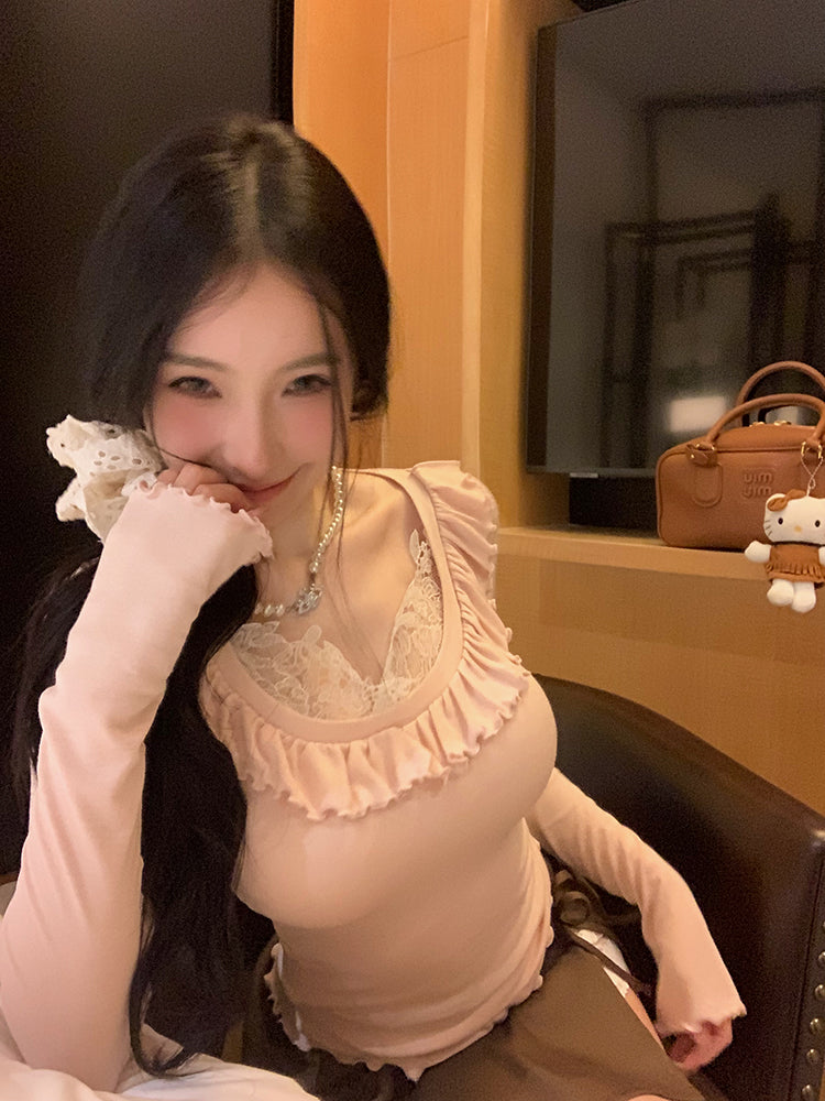 【tops】レース偽二つ切り替え長袖TシャツG23810