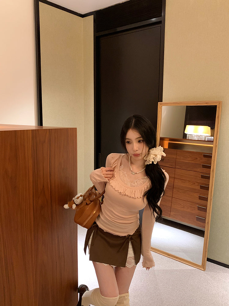 【tops】レース偽二つ切り替え長袖TシャツG23810