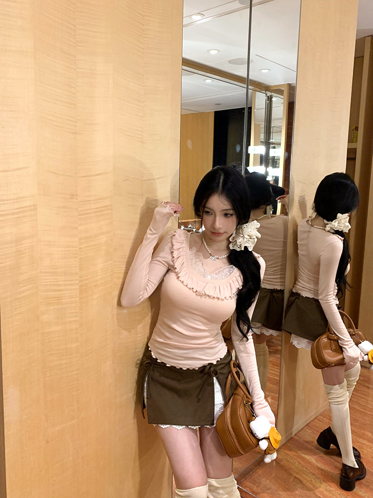 【tops】レース偽二つ切り替え長袖TシャツG23810
