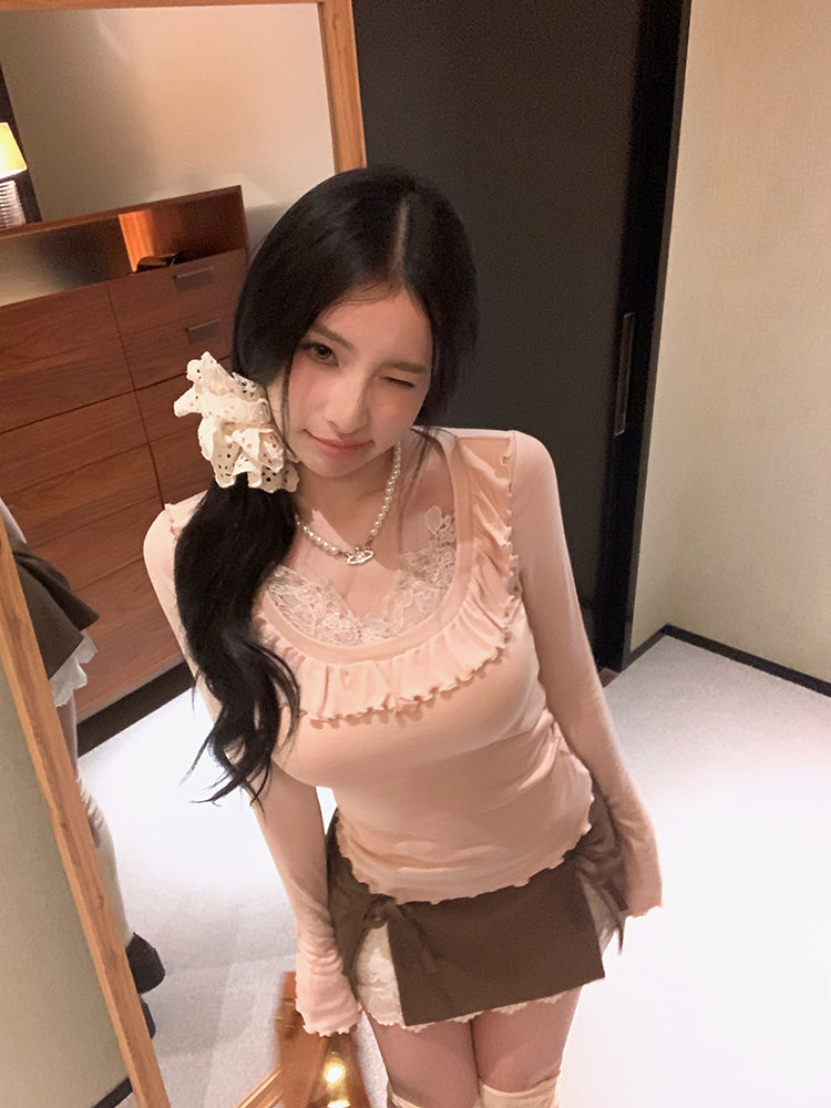 【tops】レース偽二つ切り替え長袖TシャツG23810