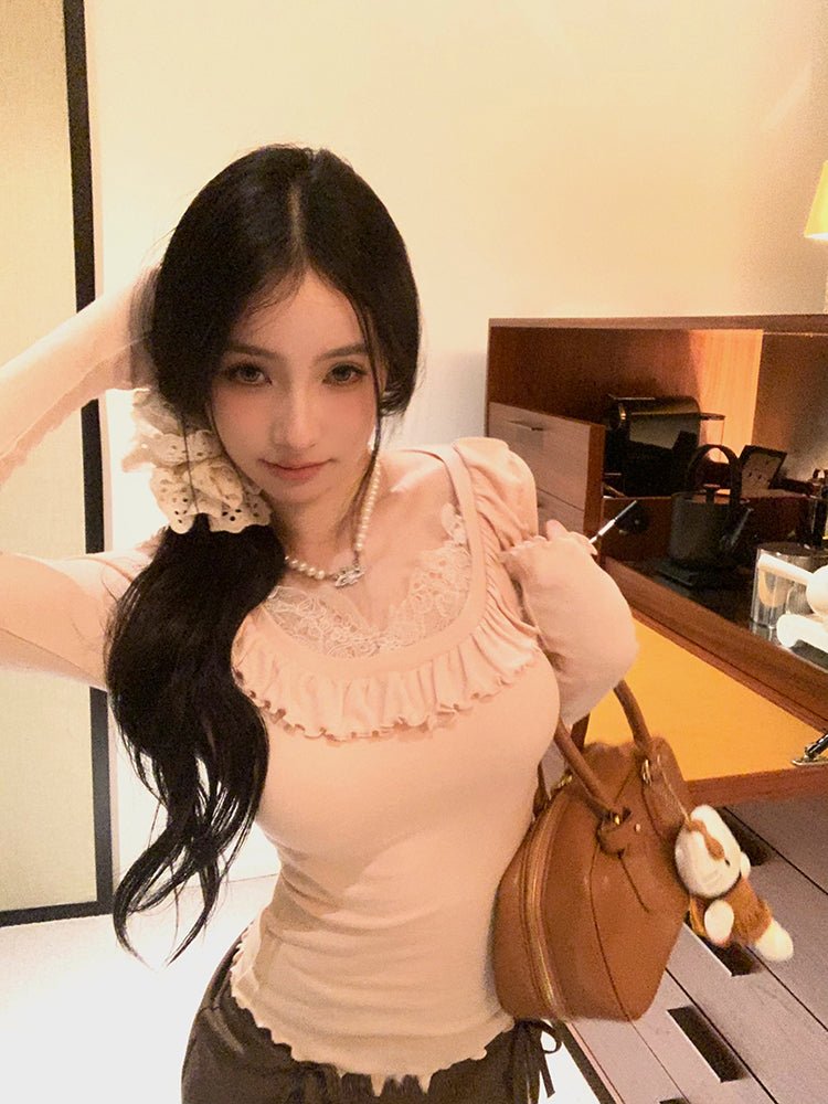 【tops】レース偽二つ切り替え長袖TシャツG23810