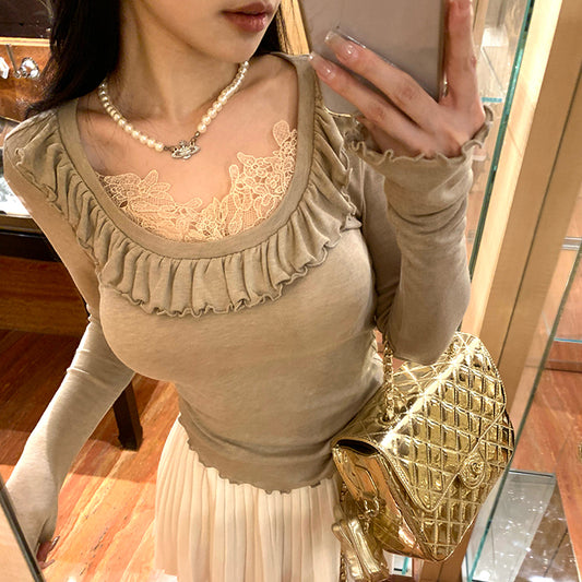 【tops】レース偽二つ切り替え長袖TシャツG23810