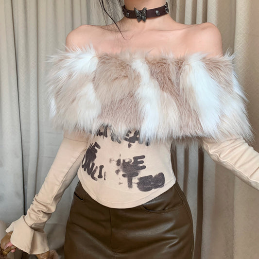 【tops】ファーオフショルダー長袖TシャツG23813