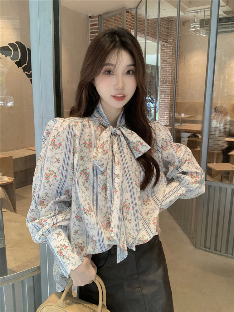 【tops】花柄リボン長袖ブラウスG23814