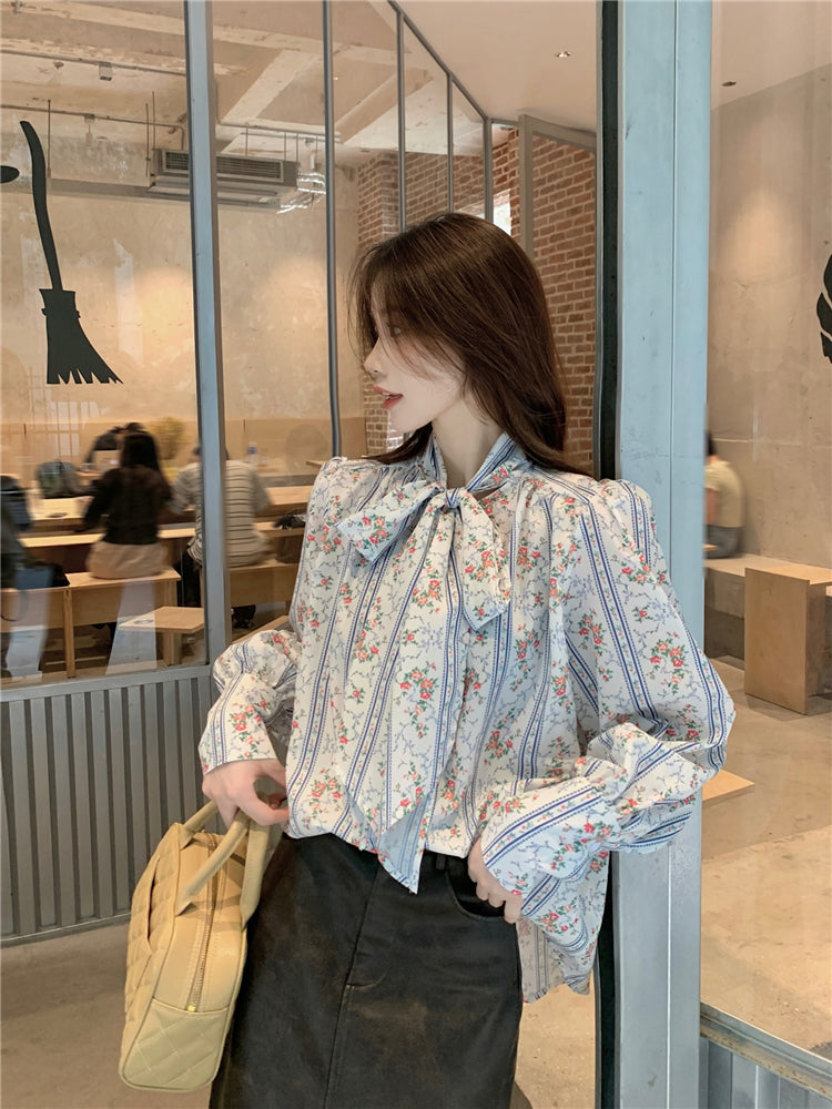 【tops】花柄リボン長袖ブラウスG23814